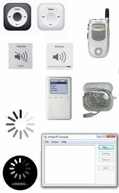 there are many different electronic devices on this white background, including an ipod and mp3 player