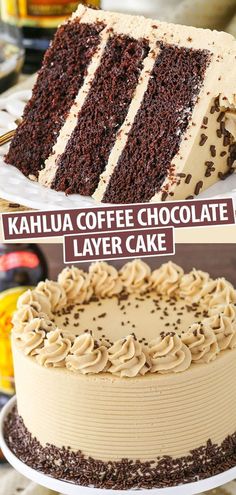 chocolate layer cake with white frosting on top and the words kahlua coffee above it