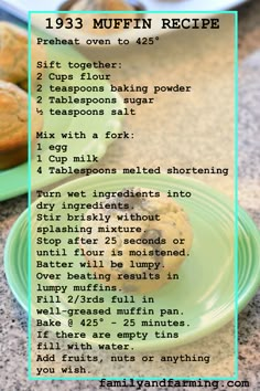 a recipe for muffins on a green plate