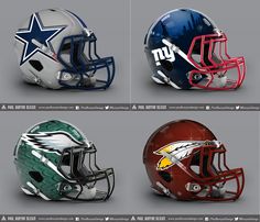 three football helmets with different logos on them