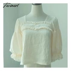 Tavimart Vintage Kawaii Lolita Shirt Square Neck Half Sleeve Retro Feminine Shirts Summer Yellow Green White Lolitas Top 2xl