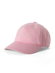 a pink baseball cap with the word,'made in england'written on it