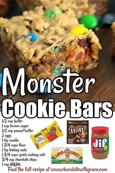 monster cookie bars recipe with ingredients and instructions to make them look like they are ready for halloween