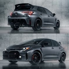 two side by side images of the new toyota civic hatchback, which has been modified