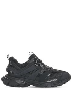 Find BALENCIAGA 30mm Track Faux Leather & Mesh Sneakers on Editorialist. 30mm Treaded rubber sole. Mesh and faux leather upper. Front and back pull loops. Rubber lace cage. Rope laces. Contrasting color details. Vintage effect may vary. Logo details. Embroidered details