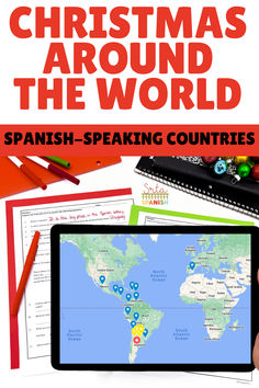 christmas around the world with spanish - speaking countries on a tablet screen and notebooks