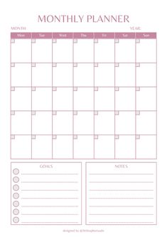 a printable calendar with the month planner in pink and purple colors on it's side