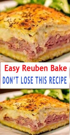 two pictures of reuben bake on a plate with lettuce in the background