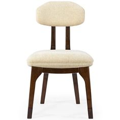 an upholstered chair with a wooden frame and fabric seat pad on the back