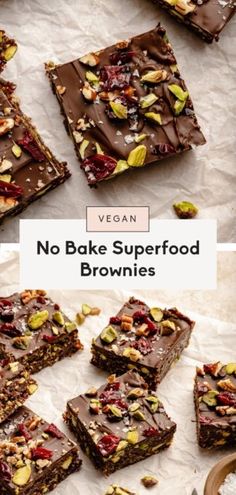 vegan no bake superfood brownies with nuts and chocolate on top