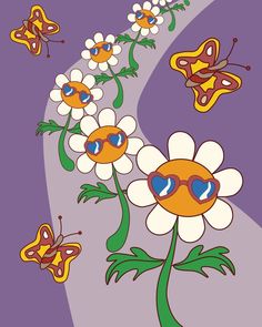 Vector illustration in groovy retro psychedelic style with dancing flowers and butterflies Groovy Flower Drawing, Dancing Flower Drawing, Dancing Flowers Illustration, Groovy Drawings, Hippie Illustration, Dancing Illustration, Animated Flowers, Disco Wallpaper, Dancing Flowers