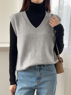 Grey Casual Collar  Fabric Plain  Embellished Medium Stretch  Women Knitwear Gray Vest Outfit Women, Grey Vest Outfit Women, Grey Vest Outfit, Gilet Outfit Women, Sweater Vest Outfit Women, Vest Outfit Women, Knit Vest Outfit, V Neck Sweater Vest, Grey Sweater Outfit