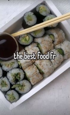 sushi and chopsticks in a box with the words the best food fr