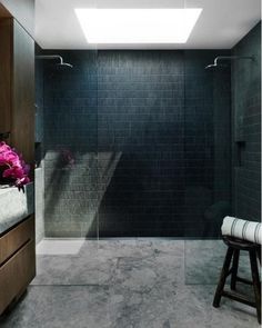 Cement Floor Tiles Bathroom, Tiling Ideas, Australian House, Bathroom Design Black, Glamorous Interiors, Beautiful Bathroom Designs, Walk In Showers, Modern Renovation, Double Shower