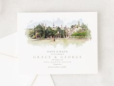 a wedding card with an image of a mansion on the front and back, in watercolor