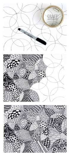 the process to make an abstract art piece with black and white circles on it, including a