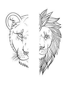 two lions facing each other with their faces drawn in black and white, on a white background