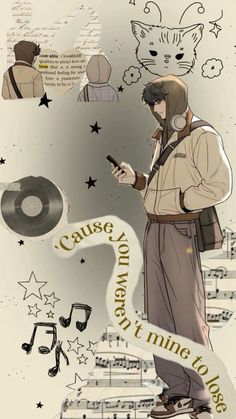 a drawing of a man with headphones on looking at his cell phone while surrounded by musical notes and cats