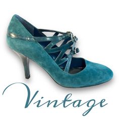 NINE WEST Vintage Teal blue/green suede leather heels with three straps  SZ 6.6 A Bit of wear, but nothing noticeable when wearing/some peeling on the inside/some cracking on straps but under the buckle.  THE perfect color for the Holidays! Holiday Heels, Party Heels, Green Suede, Womens Heels, Teal Blue, Leather Heels, Nine West, Women's Pumps, Suede Leather