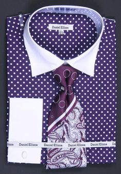 SKU#PRL77 100% Cotton French Cuff Shirt, Tie, Hanky & Cuff Links -Polka Dot Two Tone Purple $65 Mens Dress Shirts Dress Shirts & Ties Mens Shirt And Tie, French Cuff Dress Shirts, Dress Shirt And Tie, French Cuff Shirts, Steve Harvey, Best Mens Fashion, Tie Set, Purple Fashion