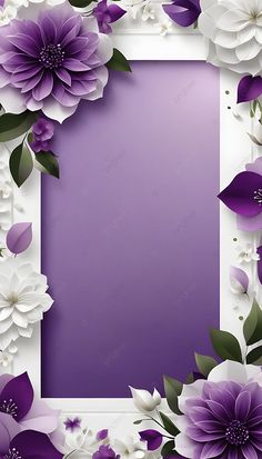 purple and white flowers are arranged around a square frame