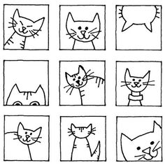 nine cats with different faces drawn in black and white