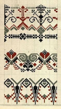 cross stitch patterns with different colors and designs on white paper, including black and red