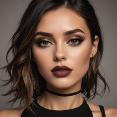 Elegant Dark Makeup Look, Burgandy Lipstick Makeup Looks, Makeup Looks With Dark Lips, Makeup Ideas Wedding Guest Smokey Eye, Makeup For Boudiour, Bridesmaid Makeup Dark Lip, Makeup Ideas Big Eyes, Makeup For A Wine Colored Dress, Make Up For Photo Shoot Ideas