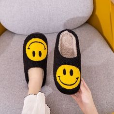 Melody Smiley Face Slippers in Black/Yellow, Slippers, Cozy Slippers, Smiley Face Slippers, House Slippers, Soft Slippers, Comfort Slippers Smiley Face Slippers, Smiley Face Design, Faux Fur Top, Cute Smiley Face, Fur Sliders, Cozy Shoes, Fur Top, Cozy Slippers, Plush Slippers