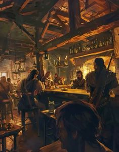 a group of people sitting around a bar in a tavern, with one person standing at the bar