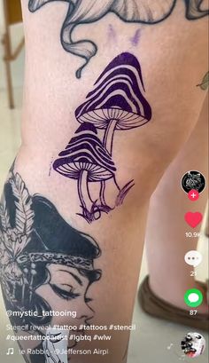 a woman's leg with tattoos on it and an image of mushrooms in the background