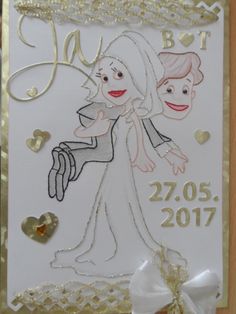 a wedding card with the bride and groom on it