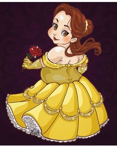 a cartoon girl in a yellow dress holding a red flower and wearing a tiara