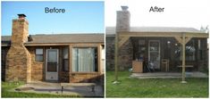 before and after photos of a brick house with porch, covered patio area and screened porch