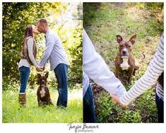 a couple holding hands while standing next to a dog in the grass with trees and bushes behind them