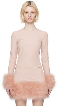 Stretch nylon- and viscose-blend milano jersey top. · Crewneck · Turkey feather trim at cuffs Supplier color: Powder pink Trim: 100% turkey feather. Pink Turkey, Ribbon Feather, Kpop Idol Style, Feather Skirt, Turkey Feathers, Feather Trim, Pink Trim, Sewing Skirts, Color Powder