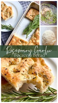 rosemary garlic focaccia bread with herbs on top and in the middle, next to a serving dish