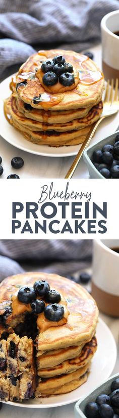 blueberry protein pancakes on a plate with the pancake cut in half and topped with blueberries