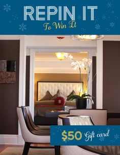 a hotel room with the words repin it to win it $ 50 gift card