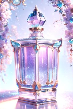 a pink perfume bottle sitting on top of a table next to purple and white flowers