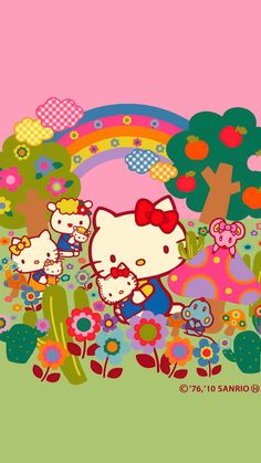 an image of hello kitty and her friends in the field with flowers, trees, and rainbows