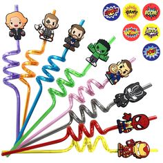 a bunch of different colored plastic items with cartoon characters on the top and one has an arrow