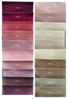 four rows of different colors and sizes of scarves with the names of each color