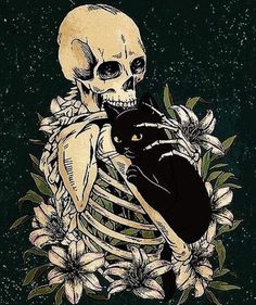 a skeleton holding a black cat on top of it's back in front of flowers