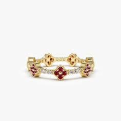 "Clover Ring / Full Eternity Ruby and Diamond Ring in 14k Gold / Stacking Ring / Ruby Stackable Ring / July Birthstone Ferkos Fine Jewelry * Made to Order * Gold Kt: 14K (also available in 18K) * Available Gold Color: Rose Gold, Yellow Gold, White Gold * Round Diamond: 21 Pc 1.1 MM * Round Ruby: 28 Pc 1.3 MM * Diamond Color & Clarity: G Color SI Clarity * Diamond Ctw: 0.14 * Ruby Ctw: 0.32 ctw * Ready to Ship in 7-10 Business Days If you have any additional questions about this ring, just hit th Cheap Jeweled Rings As Gift, Luxury Fine Jewelry Stackable Rings, Luxury Stackable Fine Jewelry Promise Rings, Luxury Gold Fine Jewelry Birthstone Ring, Luxury Gold Heirloom Stackable Rings, Luxury Fine Jewelry Stackable Promise Rings, Luxury Gold Birthstone Ring Fine Jewelry, Christmas Gold Ring, Beverly Marsh Rings