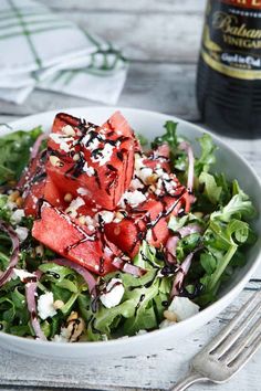 a salad with watermelon and feta cheese