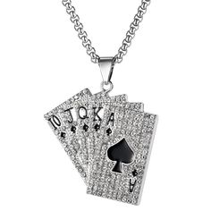 PRICES MAY VARY. [Product Material]:This playing card necklace is made of alloy and rhinestones, and the alloy material makes it stay beautiful for a long time. [Product Weight]:this weight of ace of spades necklace is 34g. [Chain Information]:this chain's length of rhinestones necklace is 22inches. [Pendant Information]:this height of pendant is 41mm,this width of pendant is 48mm. [Product Design]:the design of this necklace is inspired by the traditional image of rapper necklace, which is reve Rhinestones Necklace, Card Necklace, Ace Of Spades, Necklace White, Playing Card, Rhinestone Necklace, People Around The World, Product Design, Poker