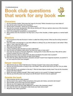 the book club questions that work for any book is shown in this page, which contains information