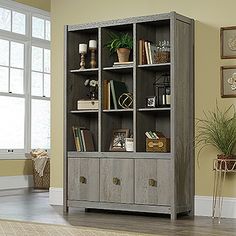 a wooden bookcase with drawers in a living room next to a potted plant