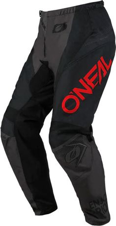 the oneal pant is shown with red lettering on the bottom and black pants